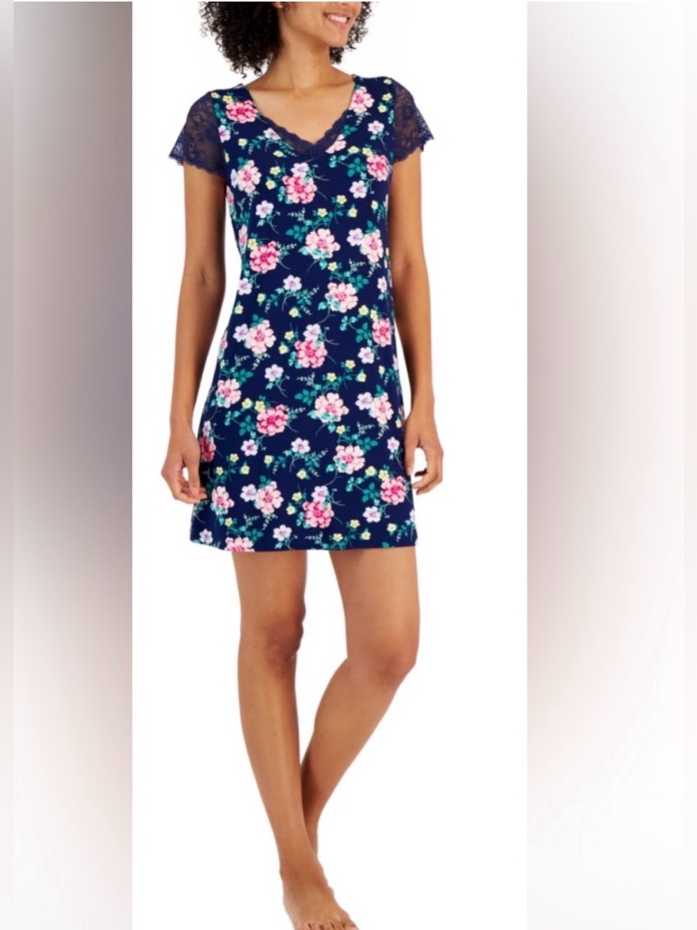 Charter Club Women's Lace-Sleeve Chemise Nightgown Navy Floral Spring Sz XS